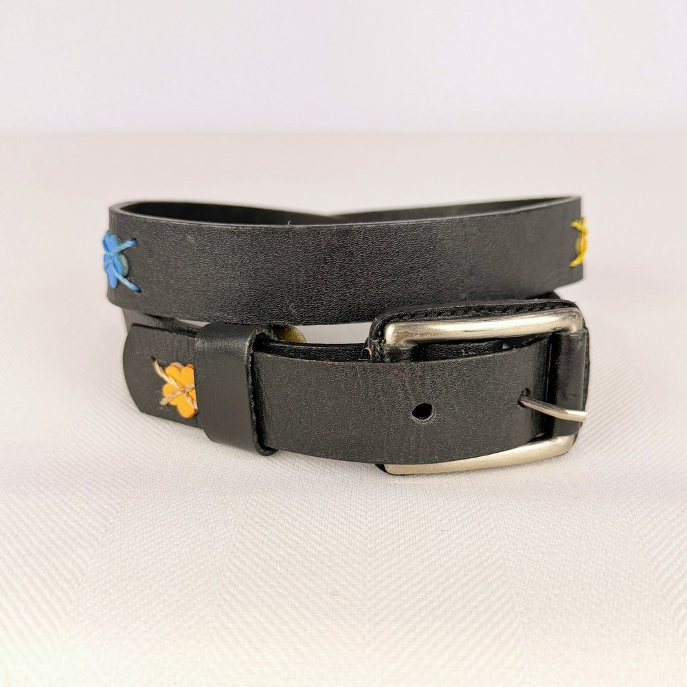 Boho Vintage Black Leather Flower Applique Belt Silver Roller Buckle Multi Color